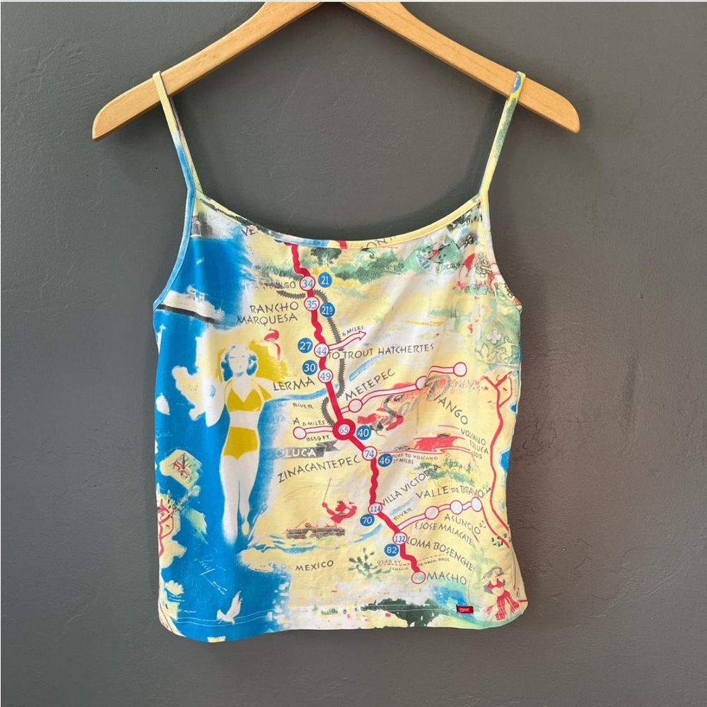 espirit 70s or y2k yellow and blue map print tank top.